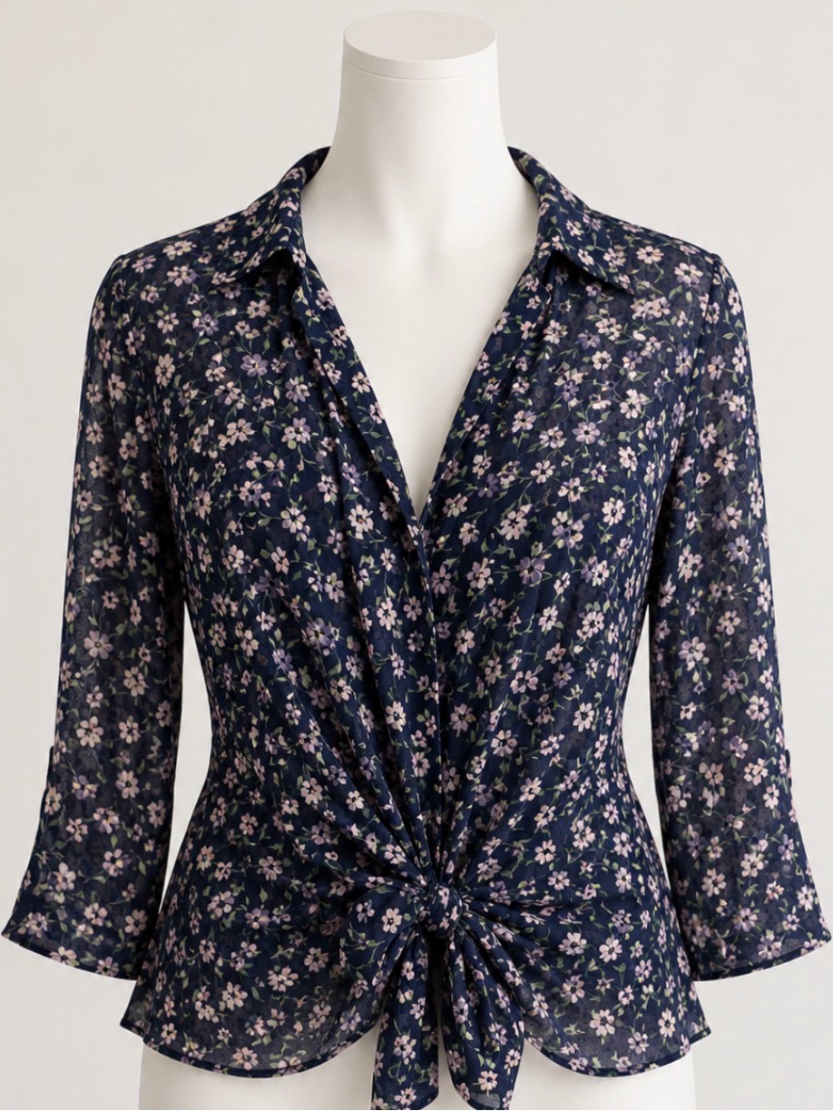 Eden & Olivia Navy Floral Tie-Front Blouse With Lilac Blossoms